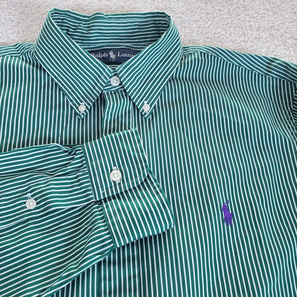 Ralph Lauren Men's Button Down Shirt SZ L Green‎ Striped Long Sleeve
